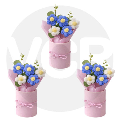 VCR Handmade Blue Crochet Bouquet- Hand Woven Knitted Artificial Hand Knitted Bouquet Flower for office Desk, Table, Car, Bedroom, Wedding & Special Occasions