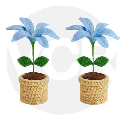 VCR Handmade Crochet Blue Lily Pot - Pack of 1 - Hand Woven Knitted Artificial Blue Lily Pot Hand Knitted Flower for office Desk, Table, Car, Bedroom, Wedding & Special Occasions