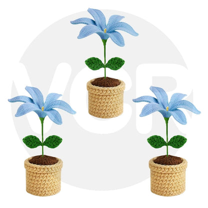 VCR Handmade Crochet Blue Lily Pot - Pack of 1 - Hand Woven Knitted Artificial Blue Lily Pot Hand Knitted Flower for office Desk, Table, Car, Bedroom, Wedding & Special Occasions