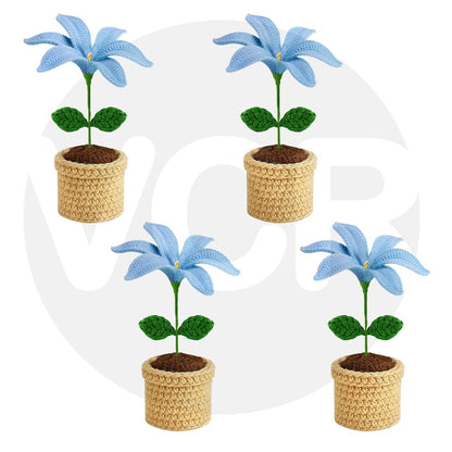 VCR Handmade Crochet Blue Lily Pot - Pack of 1 - Hand Woven Knitted Artificial Blue Lily Pot Hand Knitted Flower for office Desk, Table, Car, Bedroom, Wedding & Special Occasions