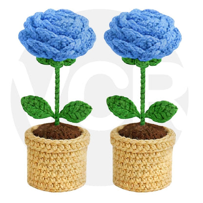 VCR Handmade Crochet Blue Rose Pot - Pack of 1 - Hand Woven Knitted Artificial Blue Rose Pot Hand Knitted Flower for office Desk, Table, Car, Bedroom, Wedding & Special Occasions