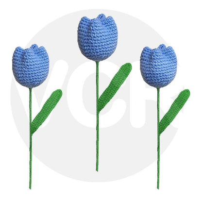 VCR Handmade Crochet Blue Tulip - Pack of 1 - Hand Woven Knitted Artificial Blue Tulip Hand Knitted Flower for office Desk, Table, Car, Bedroom, Wedding & Special Occasions