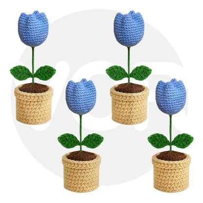 VCR Handmade Crochet Blue Tulip Pot - Pack of 1 - Hand Woven Knitted Artificial Blue Tulip Pot Hand Knitted Flower for office Desk, Table, Car, Bedroom, Wedding & Special Occasions