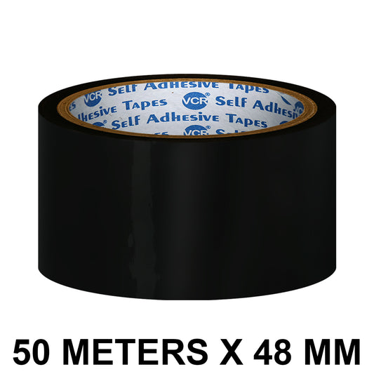 VCR Black Color Tape - 50 Meters in Length - 48mm / 2" Width - BOPP Self Adhesive Tape for Arts and Craft use, Box Packing, Office and Home use