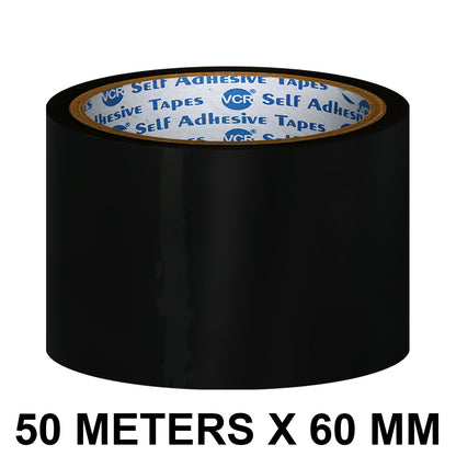 VCR Black Color Tape - 50 Meters in Length - 60mm / 2.5" Width - BOPP Self Adhesive Tape for Arts and Craft use, Box Packing, Office and Home use