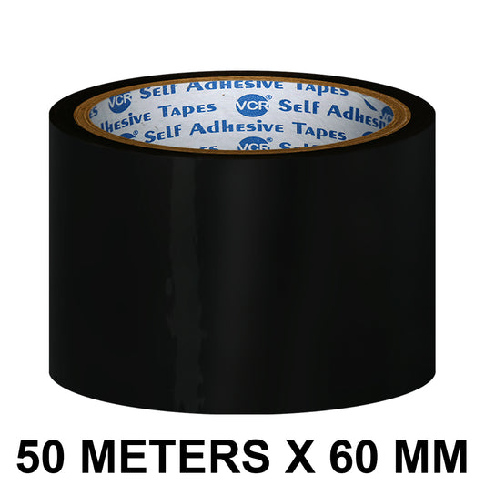 VCR Black Color Tape - 50 Meters in Length - 60mm / 2.5" Width - BOPP Self Adhesive Tape for Arts and Craft use, Box Packing, Office and Home use