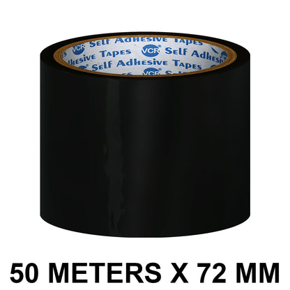 VCR Black Color Tape - 50 Meters in Length - 72mm / 3" Width - BOPP Self Adhesive Tape for Arts and Craft use, Box Packing, Office and Home use