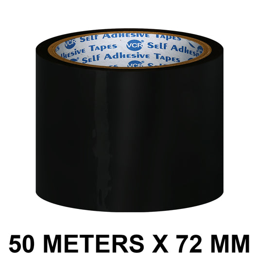 VCR Black Color Tape - 50 Meters in Length - 72mm / 3" Width - BOPP Self Adhesive Tape for Arts and Craft use, Box Packing, Office and Home use