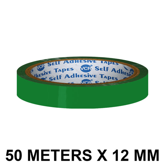 VCR Green Color Tape - 50 Meters in Length - 12mm / 0.5" Width - BOPP Self Adhesive Tape for Arts and Craft use, Box Packing, Office and Home use