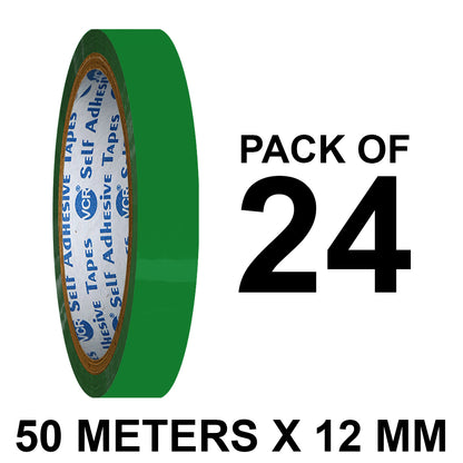 VCR Green Color Tape - 50 Meters in Length - 12mm / 0.5" Width - BOPP Self Adhesive Tape for Arts and Craft use, Box Packing, Office and Home use