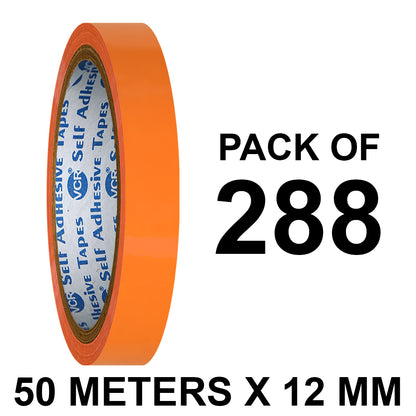 VCR Orange Color Tape - 50 Meters in Length - 12mm / 0.5" Width - BOPP Self Adhesive Tape for Arts and Craft use, Box Packing, Office and Home use