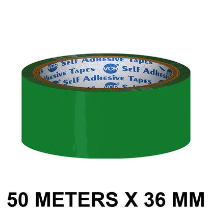 VCR Green Color Tape - 50 Meters in Length - 36mm / 1.5" Width - BOPP Self Adhesive Tape for Arts and Craft use, Box Packing, Office and Home use