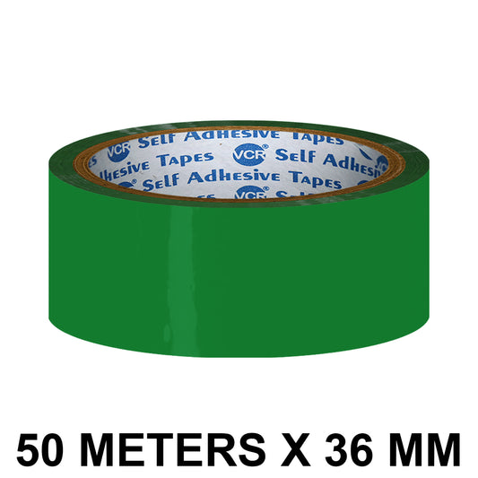 VCR Green Color Tape - 50 Meters in Length - 36mm / 1.5" Width - BOPP Self Adhesive Tape for Arts and Craft use, Box Packing, Office and Home use