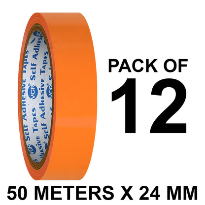 VCR Orange Color Tape - 50 Meters in Length - 24mm / 1" Width - BOPP Self Adhesive Tape for Arts and Craft use, Box Packing, Office and Home use