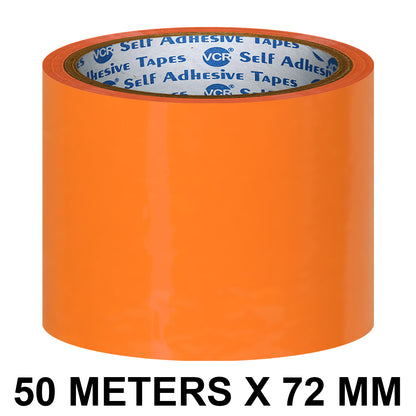 VCR Orange Color Tape - 50 Meters in Length - 72mm / 3" Width - BOPP Self Adhesive Tape for Arts and Craft use, Box Packing, Office and Home use