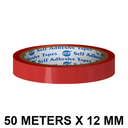 VCR Red Color Tape - 50 Meters in Length - 12mm / 0.5" Width - BOPP Self Adhesive Tape for Arts and Craft use, Box Packing, Office and Home use