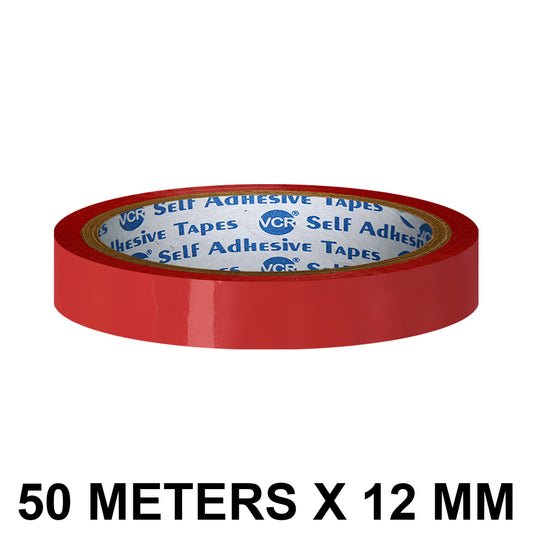 VCR Red Color Tape - 50 Meters in Length - 12mm / 0.5" Width - BOPP Self Adhesive Tape for Arts and Craft use, Box Packing, Office and Home use
