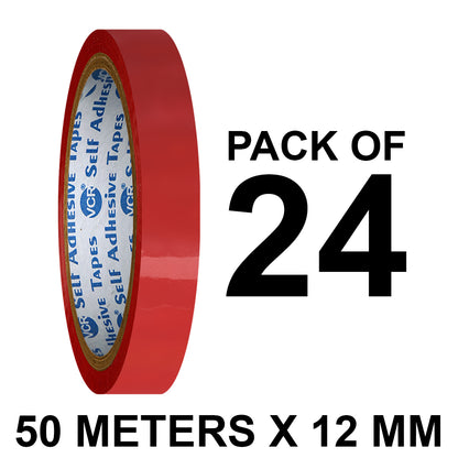 VCR Red Color Tape - 50 Meters in Length - 12mm / 0.5" Width - BOPP Self Adhesive Tape for Arts and Craft use, Box Packing, Office and Home use