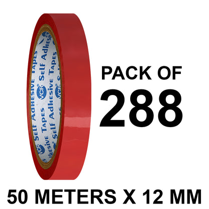 VCR Red Color Tape - 50 Meters in Length - 12mm / 0.5" Width - BOPP Self Adhesive Tape for Arts and Craft use, Box Packing, Office and Home use