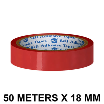 VCR Red Color Tape - 50 Meters in Length - 18mm / 0.75" Width - BOPP Self Adhesive Tape for Arts and Craft use, Box Packing, Office and Home use