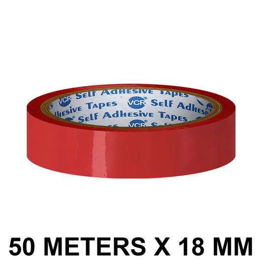 VCR Red Color Tape - 50 Meters in Length - 18mm / 0.75" Width - BOPP Self Adhesive Tape for Arts and Craft use, Box Packing, Office and Home use