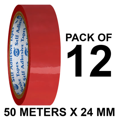 VCR Red Color Tape - 50 Meters in Length - 24mm / 1" Width - BOPP Self Adhesive Tape for Arts and Craft use, Box Packing, Office and Home use