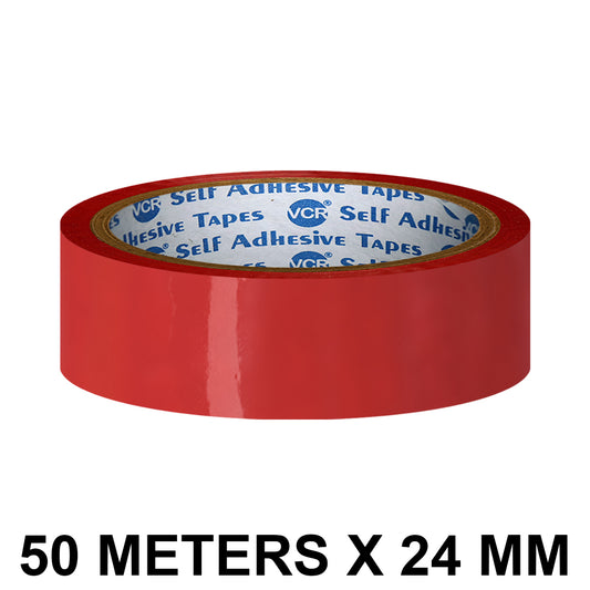 VCR Red Color Tape - 50 Meters in Length - 24mm / 1" Width - BOPP Self Adhesive Tape for Arts and Craft use, Box Packing, Office and Home use