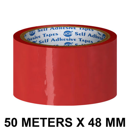 VCR Red Color Tape - 50 Meters in Length - 48mm / 2" Width - BOPP Self Adhesive Tape for Arts and Craft use, Box Packing, Office and Home use