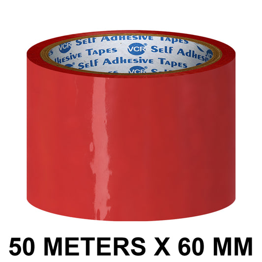 VCR Red Color Tape - 50 Meters in Length - 60mm / 2.5" Width - BOPP Self Adhesive Tape for Arts and Craft use, Box Packing, Office and Home use