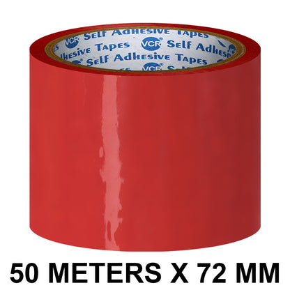 VCR Red Color Tape - 50 Meters in Length - 72mm / 3" Width - BOPP Self Adhesive Tape for Arts and Craft use, Box Packing, Office and Home use
