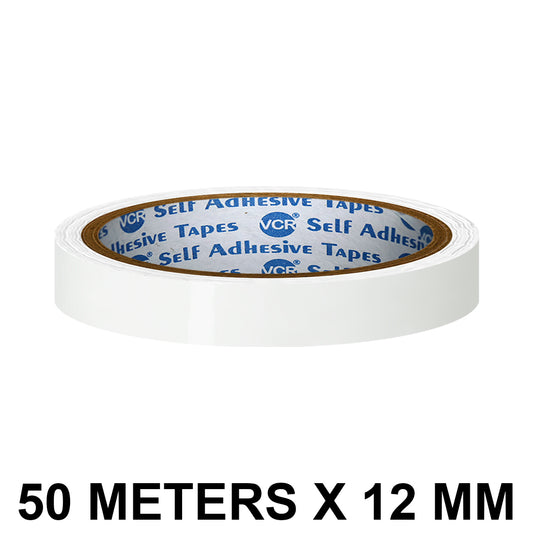 VCR White Color Tape - 50 Meters in Length - 12mm / 0.5" Width - BOPP Self Adhesive Tape for Arts and Craft use, Box Packing, Office and Home use