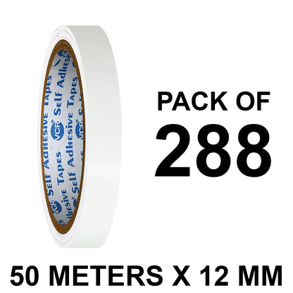 VCR White Color Tape - 50 Meters in Length - 12mm / 0.5" Width - BOPP Self Adhesive Tape for Arts and Craft use, Box Packing, Office and Home use