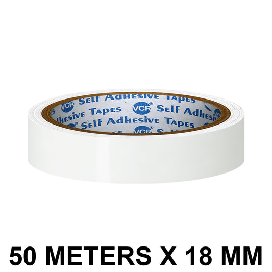 VCR White Color Tape - 50 Meters in Length - 18mm / 0.75" Width - BOPP Self Adhesive Tape for Arts and Craft use, Box Packing, Office and Home use