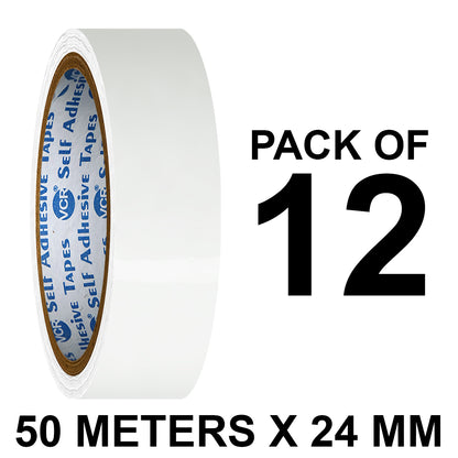 VCR White Color Tape - 50 Meters in Length - 24mm / 1" Width - BOPP Self Adhesive Tape for Arts and Craft use, Box Packing, Office and Home use