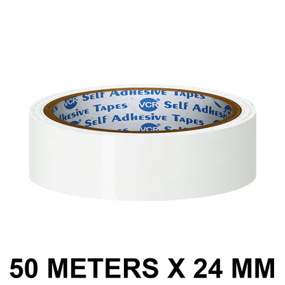 VCR White Color Tape - 50 Meters in Length - 24mm / 1" Width - BOPP Self Adhesive Tape for Arts and Craft use, Box Packing, Office and Home use