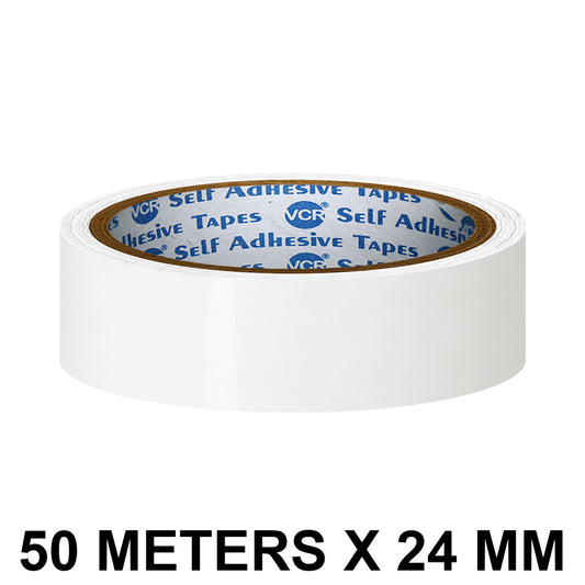VCR White Color Tape - 50 Meters in Length - 24mm / 1" Width - BOPP Self Adhesive Tape for Arts and Craft use, Box Packing, Office and Home use
