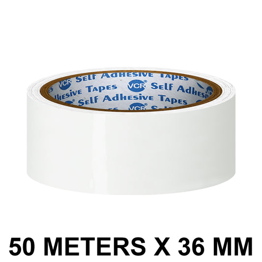 VCR White Color Tape - 50 Meters in Length - 36mm / 1.5" Width - BOPP Self Adhesive Tape for Arts and Craft use, Box Packing, Office and Home use
