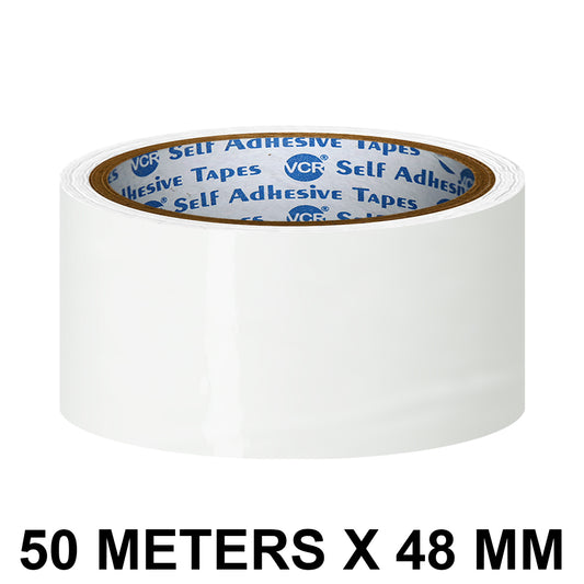VCR White Color Tape - 50 Meters in Length - 48mm / 2" Width - BOPP Self Adhesive Tape for Arts and Craft use, Box Packing, Office and Home use