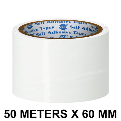 VCR White Color Tape - 50 Meters in Length - 60mm / 2.5" Width - BOPP Self Adhesive Tape for Arts and Craft use, Box Packing, Office and Home use