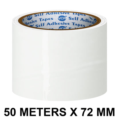 VCR White Color Tape - 50 Meters in Length - 72mm / 3" Width - BOPP Self Adhesive Tape for Arts and Craft use, Box Packing, Office and Home use