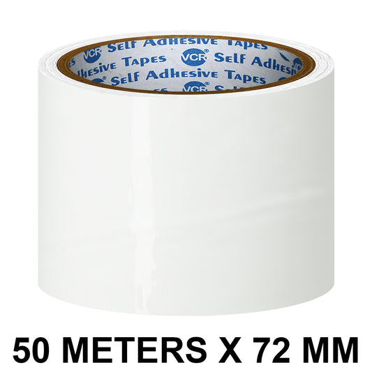 VCR White Color Tape - 50 Meters in Length - 72mm / 3" Width - BOPP Self Adhesive Tape for Arts and Craft use, Box Packing, Office and Home use