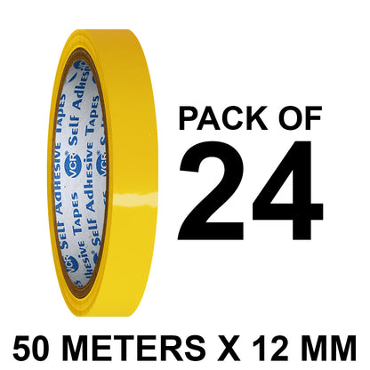 VCR Yellow Color Tape - 50 Meters in Length - 12mm / 0.5" Width - BOPP Self Adhesive Tape for Arts and Craft use, Box Packing, Office and Home use