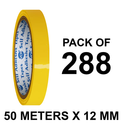 VCR Yellow Color Tape - 50 Meters in Length - 12mm / 0.5" Width - BOPP Self Adhesive Tape for Arts and Craft use, Box Packing, Office and Home use
