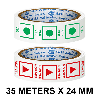 VCR Veg and Non - Veg Tape Combo Printed - 35 Meters in Length - 24mm / 1" Width - Veg / Non - Veg Combo Tape Printed Tape With Marking, Self Adhesive Tape for Packing Boxes