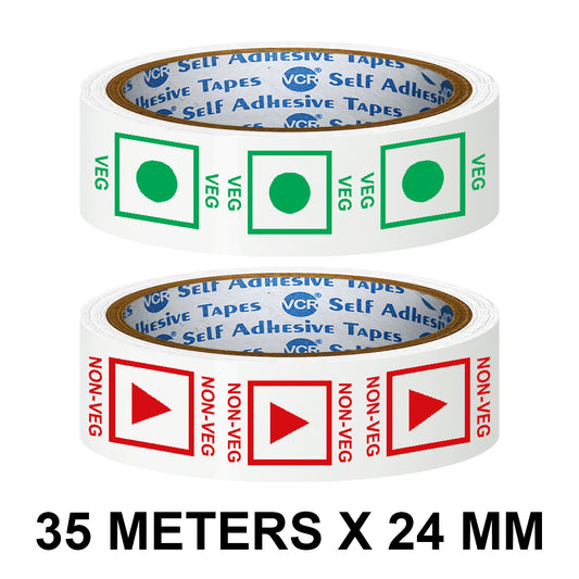 VCR Veg and Non - Veg Tape Combo Printed - 35 Meters in Length - 24mm / 1" Width - Veg / Non - Veg Combo Tape Printed Tape With Marking, Self Adhesive Tape for Packing Boxes