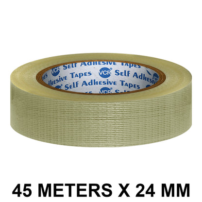 VCR Cross Filament Tape - 45 Meters in Length - 24mm / 1" Width - Strong tape for Packing Heavy Items, Durable in Nature, Used for Heavy Industrial Goods Packing.