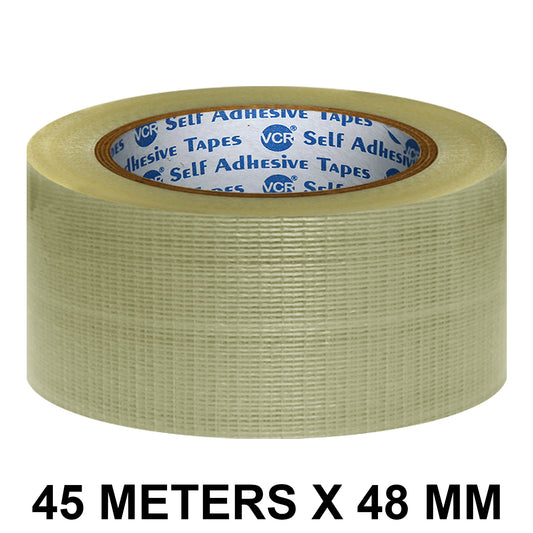 VCR Cross Filament Tape - 45 Meters in Length - 48mm / 2" Width - Strong tape for Packing Heavy Items, Durable in Nature, Used for Heavy Industrial Goods Packing.