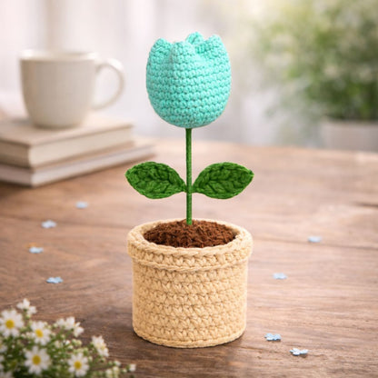 VCR Handmade Crochet Cyan Tulip Pot - Pack of 1 - Hand Woven Knitted Artificial Cyan Tulip Pot Hand Knitted Flower for office Desk, Table, Car, Bedroom, Wedding & Special Occasions