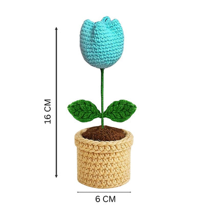 VCR Handmade Crochet Cyan Tulip Pot - Pack of 1 - Hand Woven Knitted Artificial Cyan Tulip Pot Hand Knitted Flower for office Desk, Table, Car, Bedroom, Wedding & Special Occasions