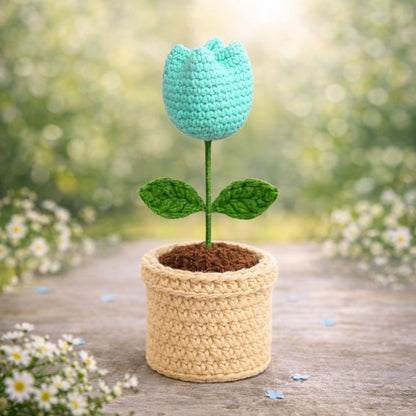 VCR Handmade Crochet Cyan Tulip Pot - Pack of 1 - Hand Woven Knitted Artificial Cyan Tulip Pot Hand Knitted Flower for office Desk, Table, Car, Bedroom, Wedding & Special Occasions